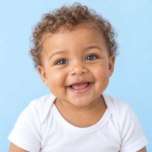 AI-generated baby with curly hair & hazel eyes