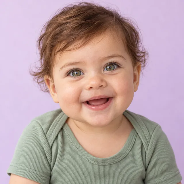 AI-generated baby with auburn hair & green eyes